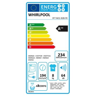 SECHE LINGE WHIRLPOOL HUBLOT POMPE A CHALEUR 8KG 64DB CL.A++ - FFTM1182BFR